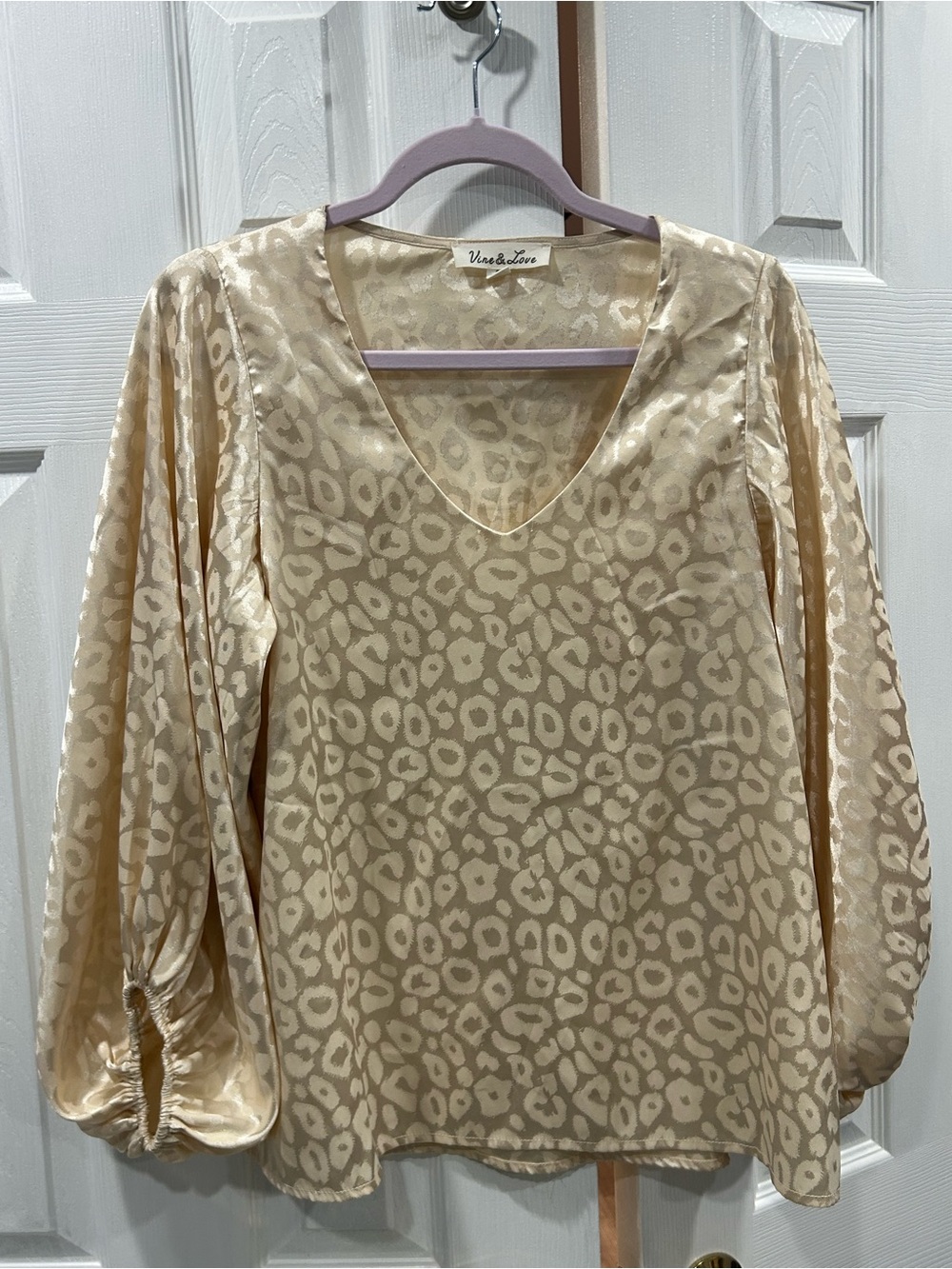 Vine & Love Cream Satin Leopard-Print V-Neck Blouse